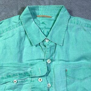 Tommy Bahama Mens Relax Shirt Linen Blend Teal Button Down Long Sleeve Size L